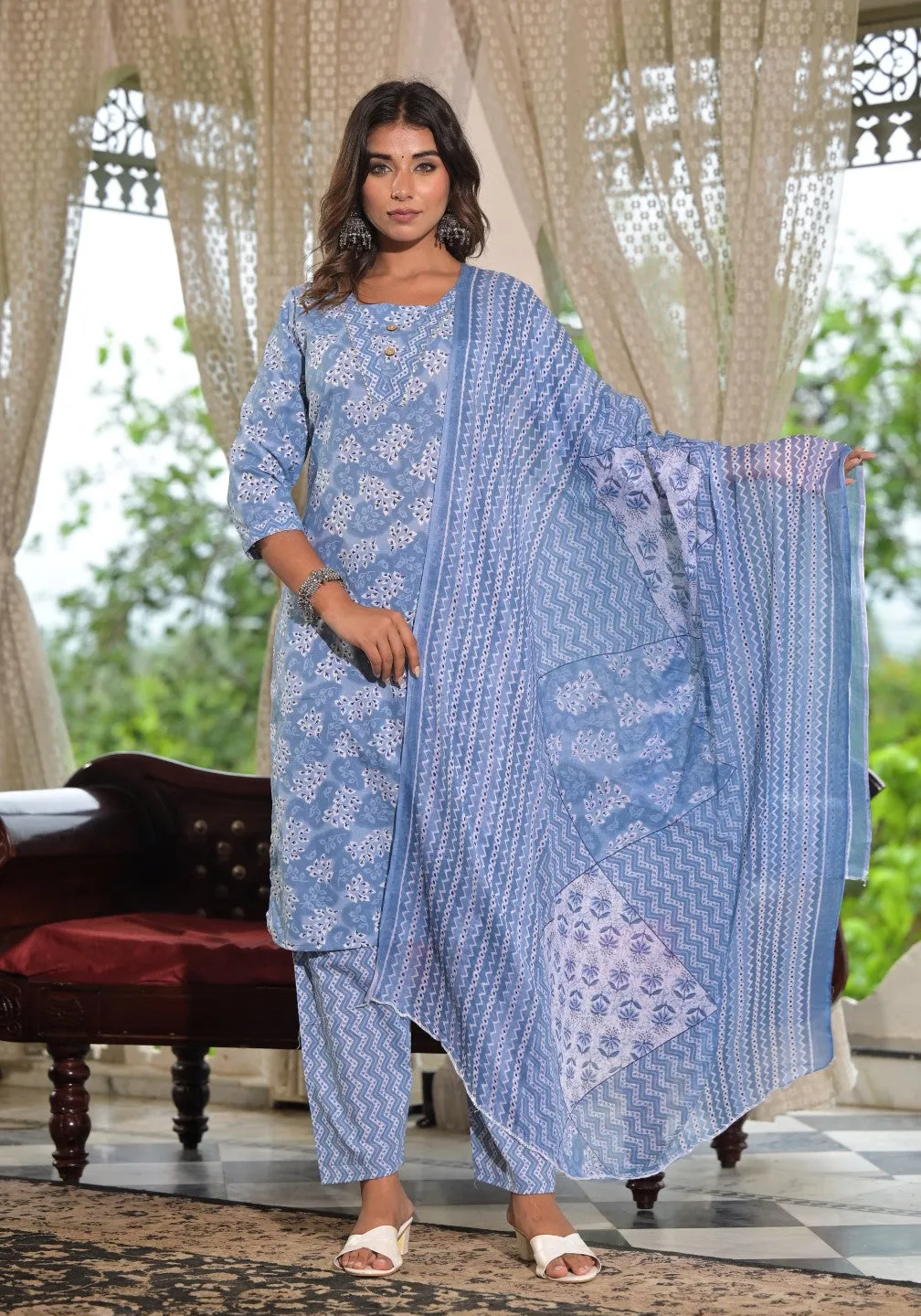 Sky Blue Ethnic Motif Printed Cotton Kurta, Pant And Dupatta Set With Buttons & Lace