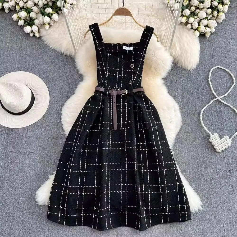 sleeveless a-line plaid dress for women     S4103