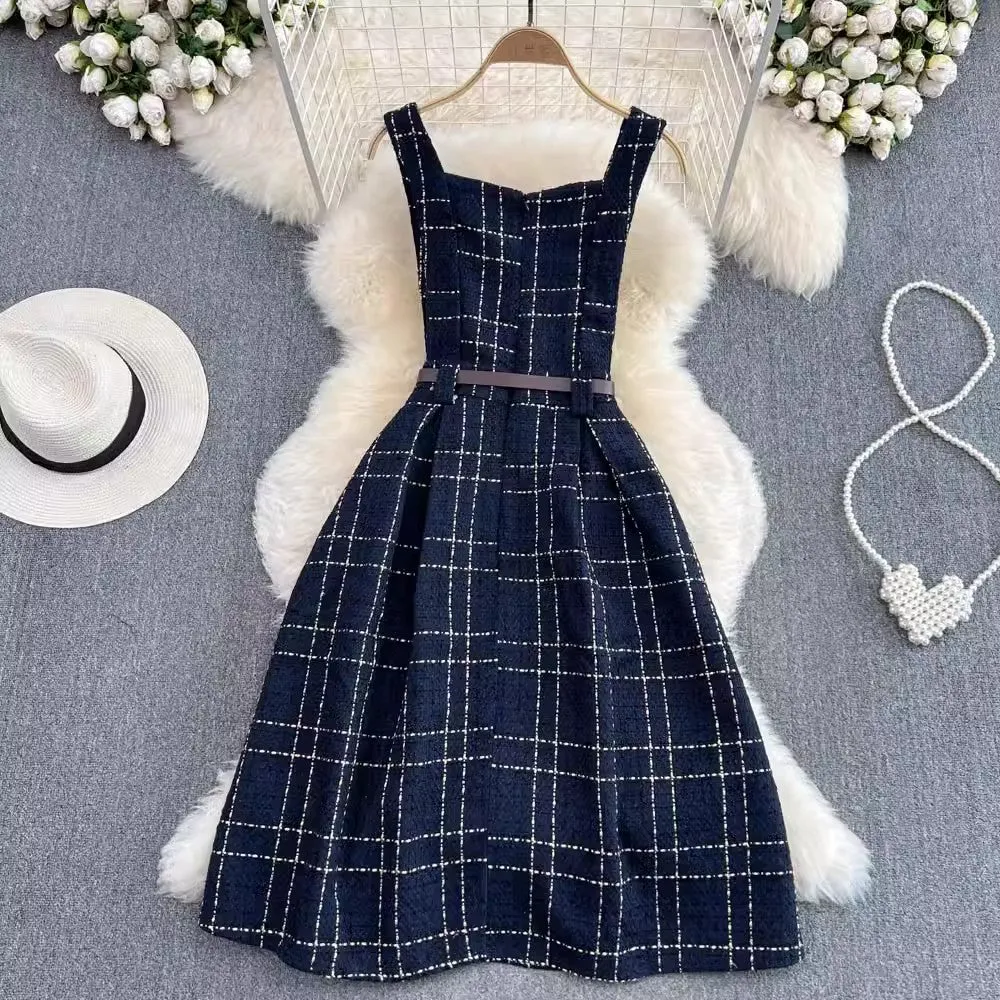 sleeveless a-line plaid dress for women     S4103