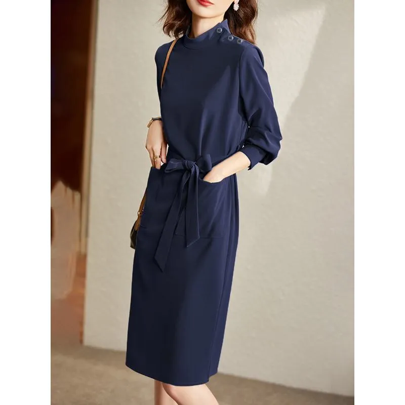 Slimming Retro Anti-Aging Versatile Belted Half-High Collar Dress