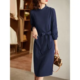 Slimming Retro Anti-Aging Versatile Belted Half-High Collar Dress