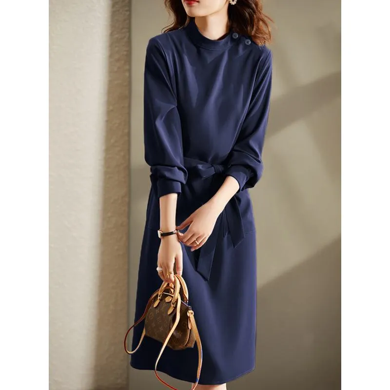 Slimming Retro Anti-Aging Versatile Belted Half-High Collar Dress