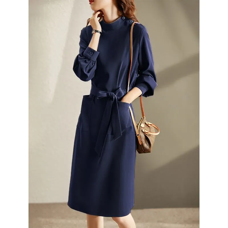 Slimming Retro Anti-Aging Versatile Belted Half-High Collar Dress