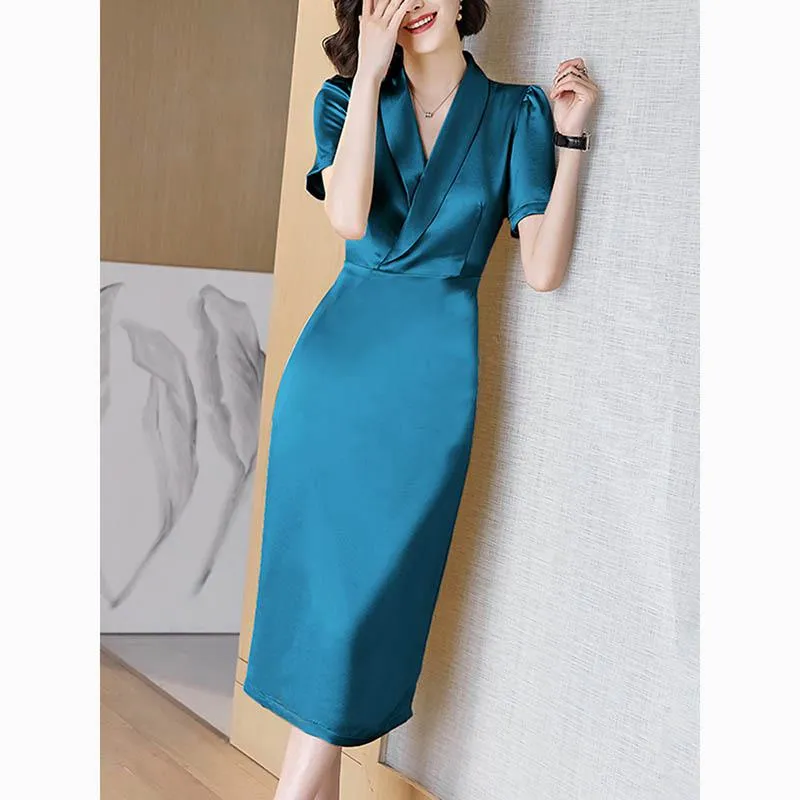 Solid V-Neck Slim-Fit Dress