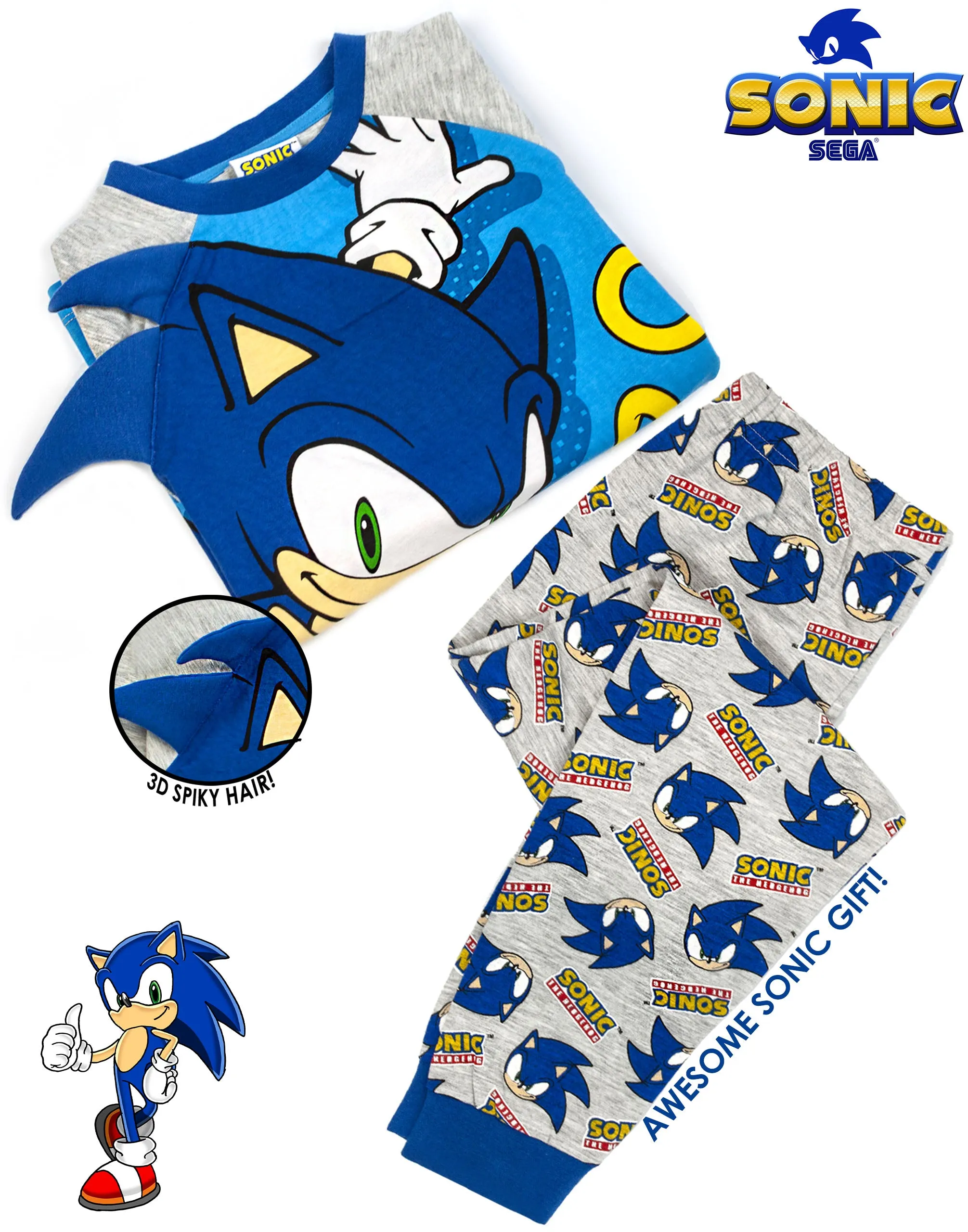 Sonic the Hedgehog 3D Applique Unisex Kids Blue Long Sleeve Long Leg Pyjama Set