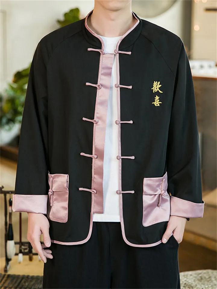 Spring Trendy Ice Silk Embroidery Knot Button Shirt for Men