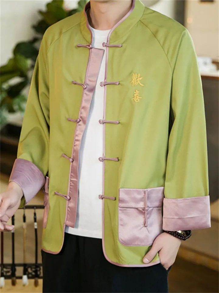 Spring Trendy Ice Silk Embroidery Knot Button Shirt for Men