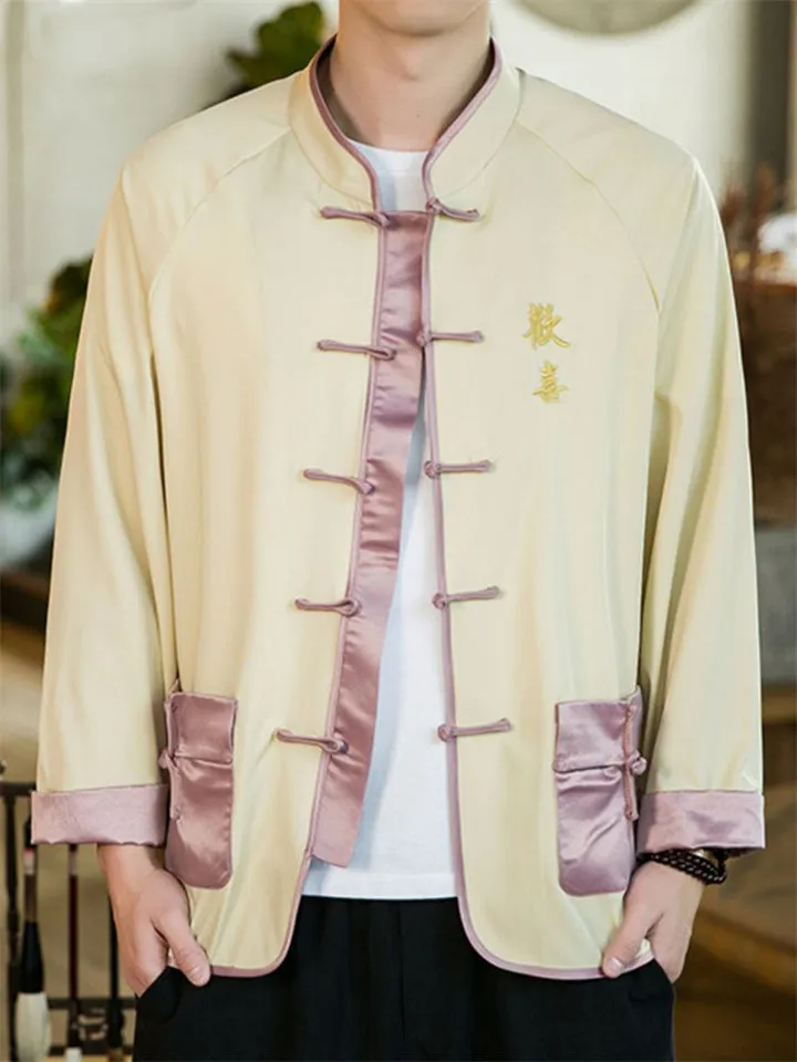 Spring Trendy Ice Silk Embroidery Knot Button Shirt for Men