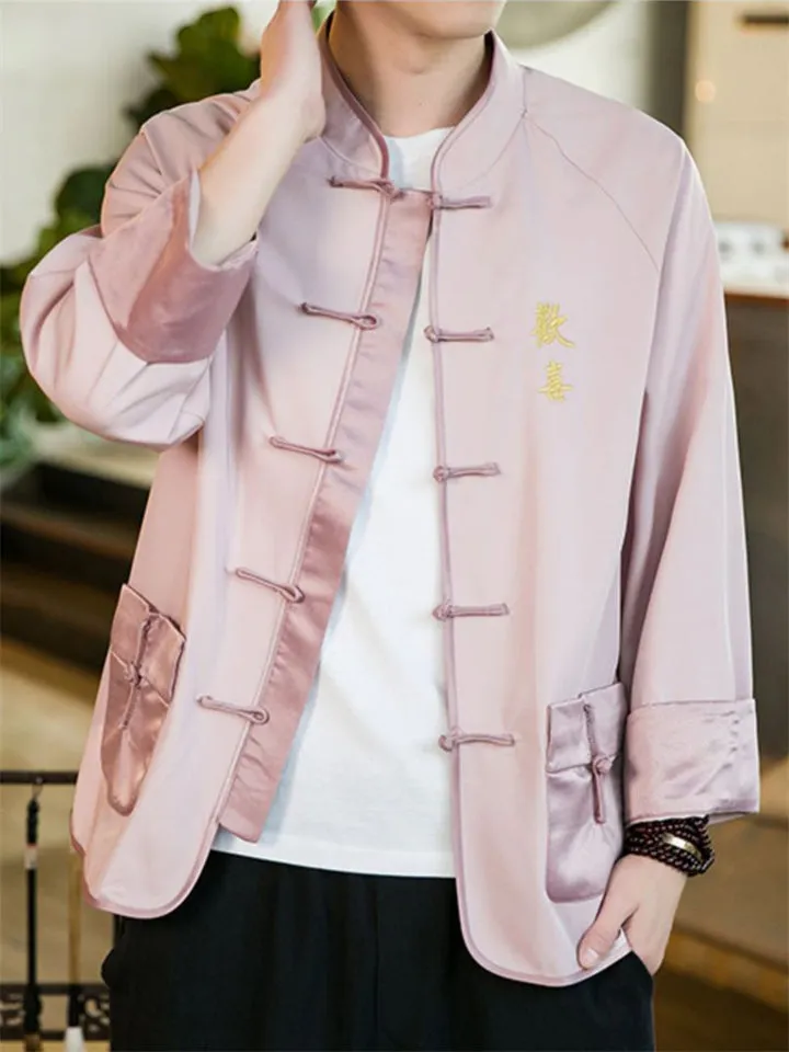 Spring Trendy Ice Silk Embroidery Knot Button Shirt for Men