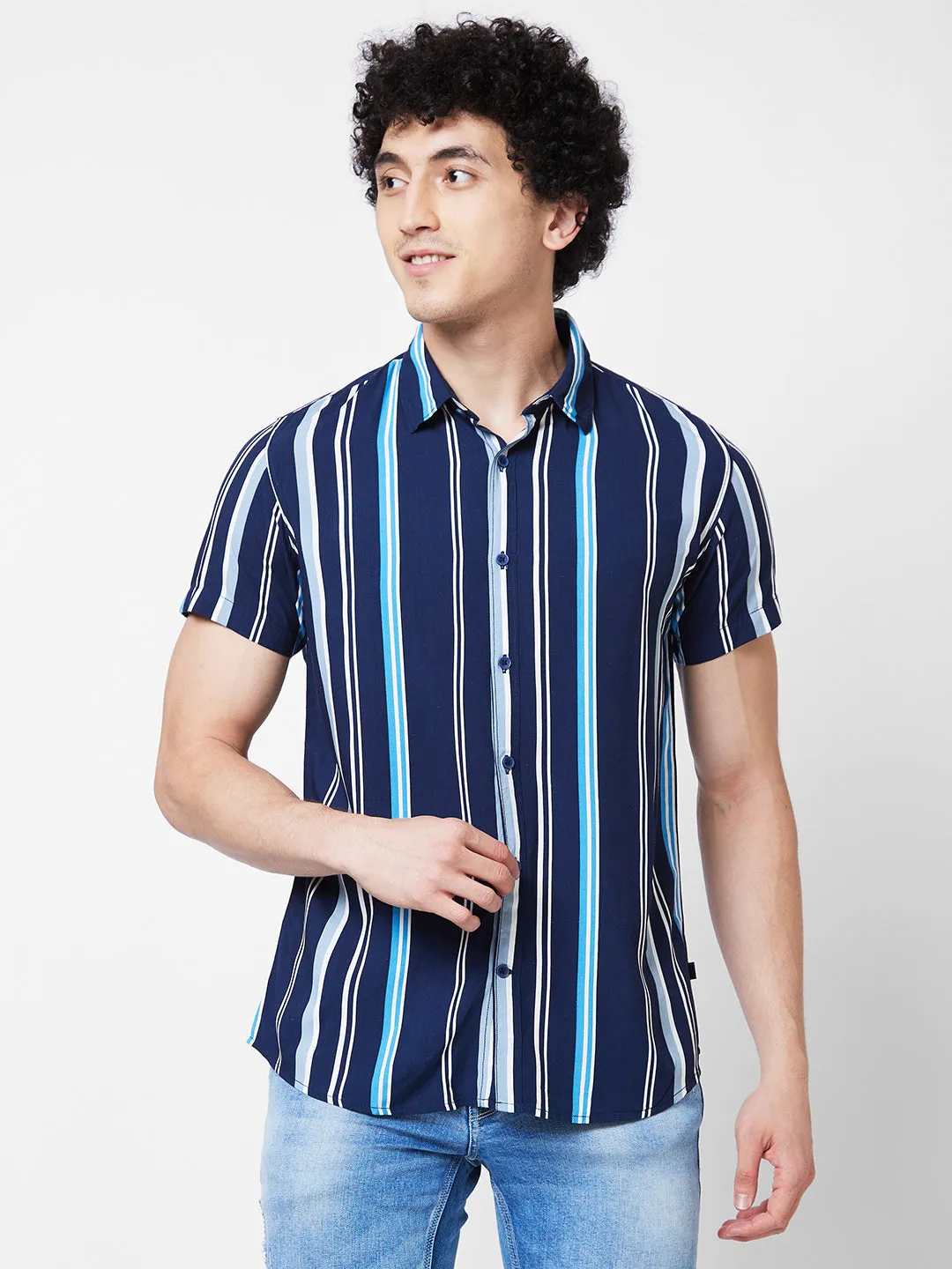 Spykar Blue STRIPED HALF SLEEVE Shirt For Men