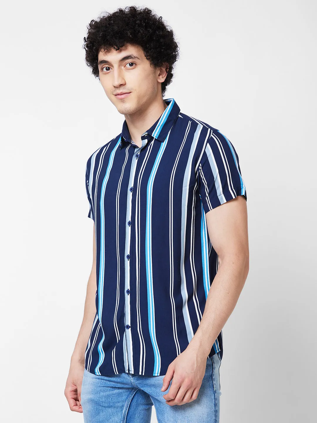 Spykar Blue STRIPED HALF SLEEVE Shirt For Men