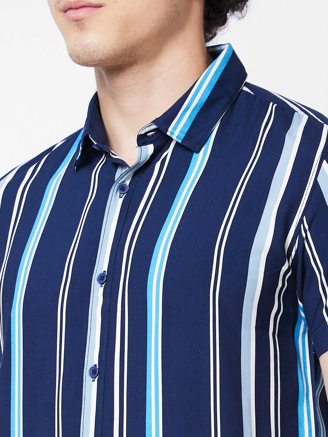 Spykar Blue STRIPED HALF SLEEVE Shirt For Men