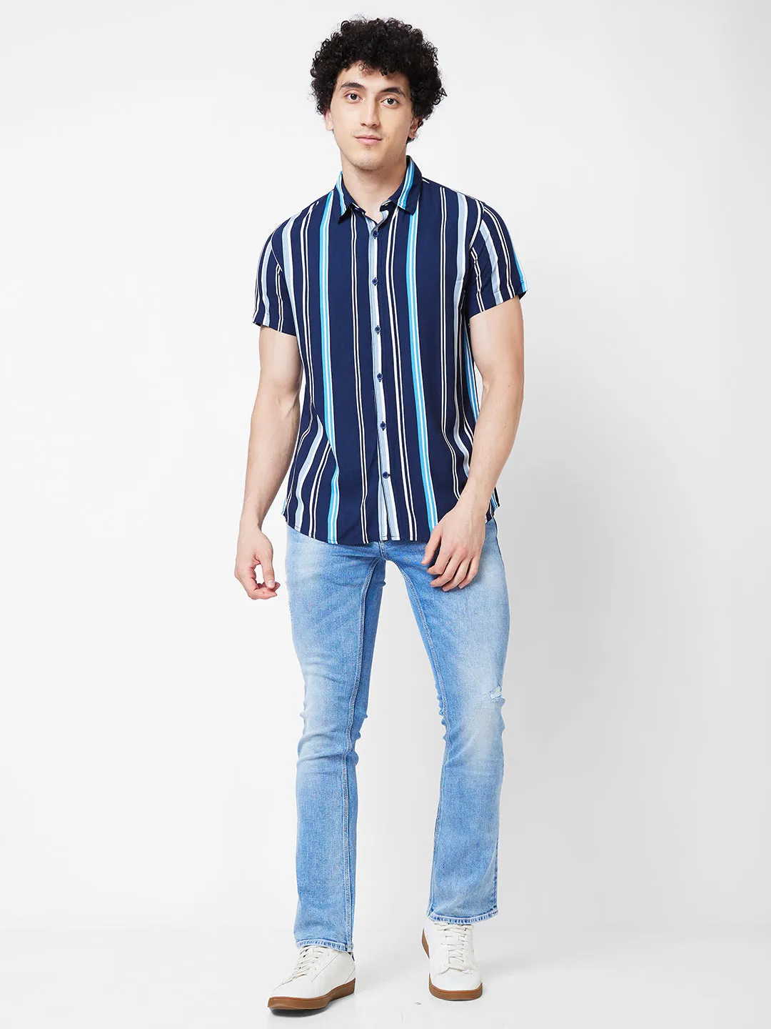 Spykar Blue STRIPED HALF SLEEVE Shirt For Men