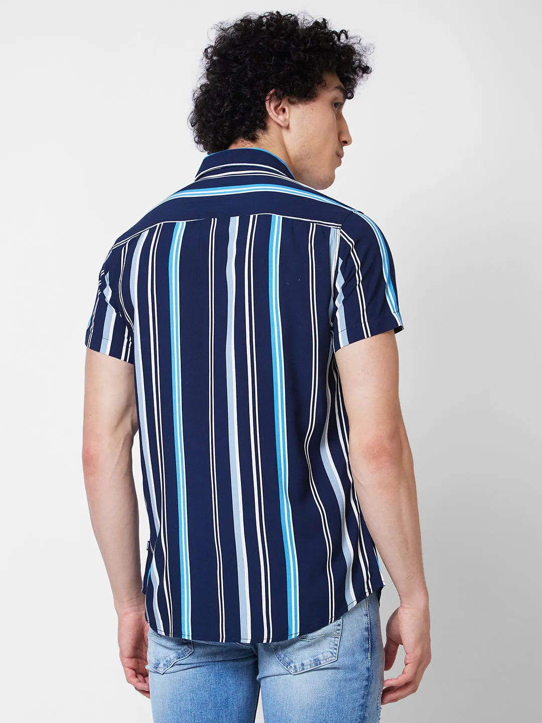 Spykar Blue STRIPED HALF SLEEVE Shirt For Men