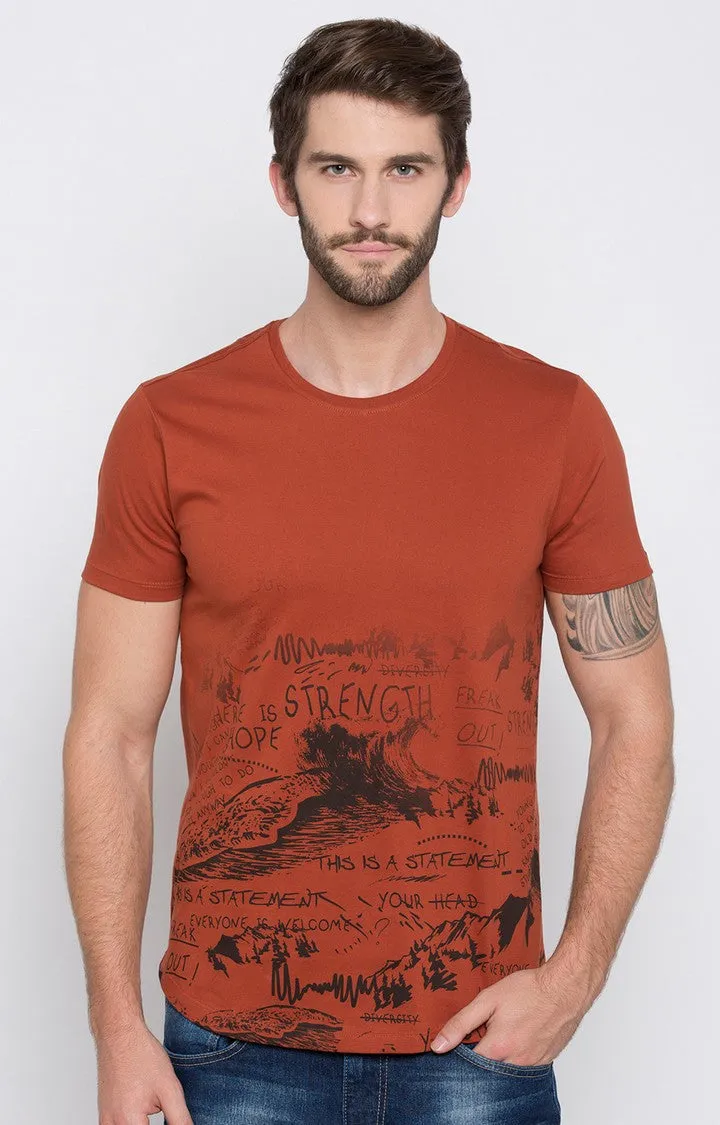 Spykar Burnt Orange Printed Slim Fit Men T-Shirts