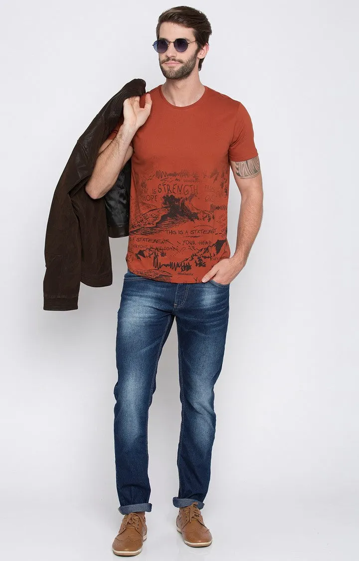 Spykar Burnt Orange Printed Slim Fit Men T-Shirts