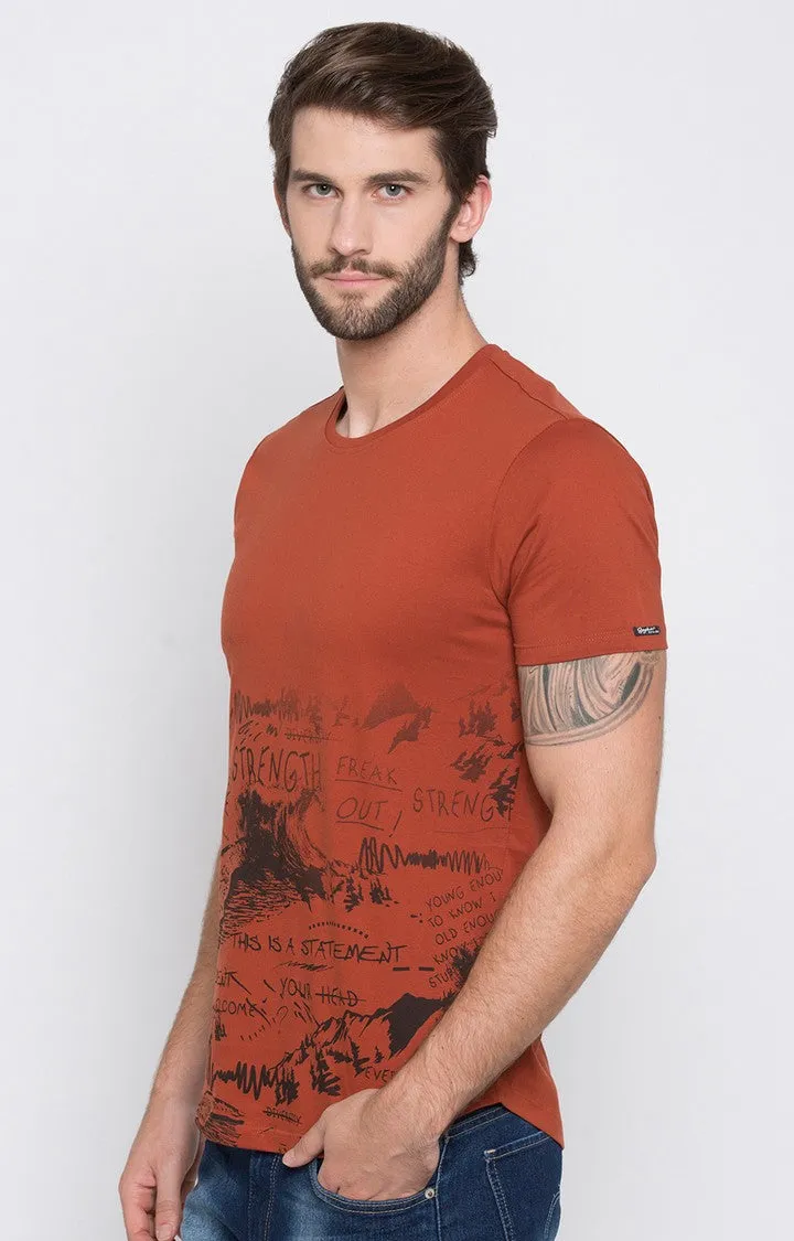 Spykar Burnt Orange Printed Slim Fit Men T-Shirts