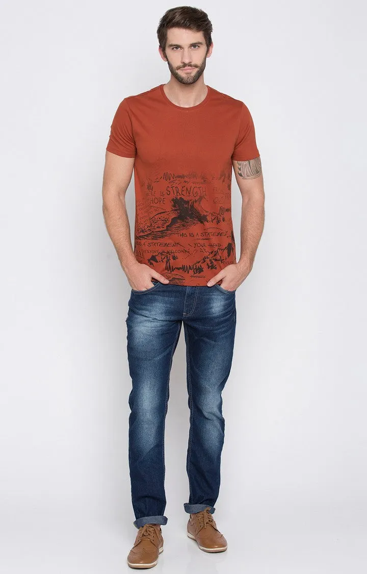 Spykar Burnt Orange Printed Slim Fit Men T-Shirts