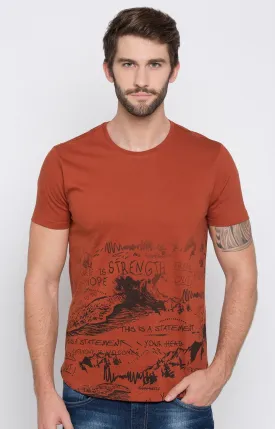 Spykar Burnt Orange Printed Slim Fit Men T-Shirts