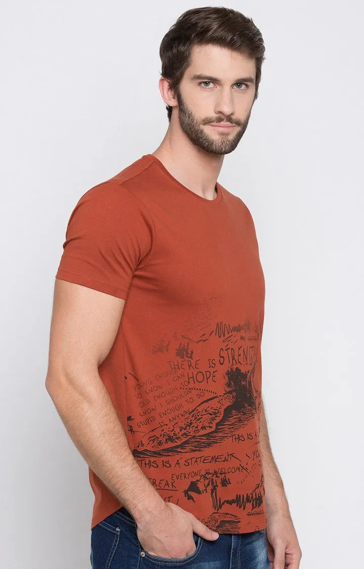 Spykar Burnt Orange Printed Slim Fit Men T-Shirts