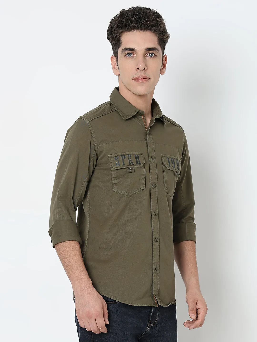 Spykar Green Regular Fit Full Sleeves Cotton Solid Shirt For Men