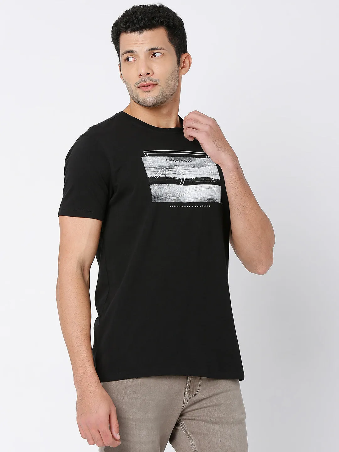 Spykar Men Black Cotton Half Sleeve Printed Casual T-Shirt