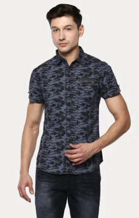 Spykar Men Blue Camouflage Slim Fit Casual Shirt