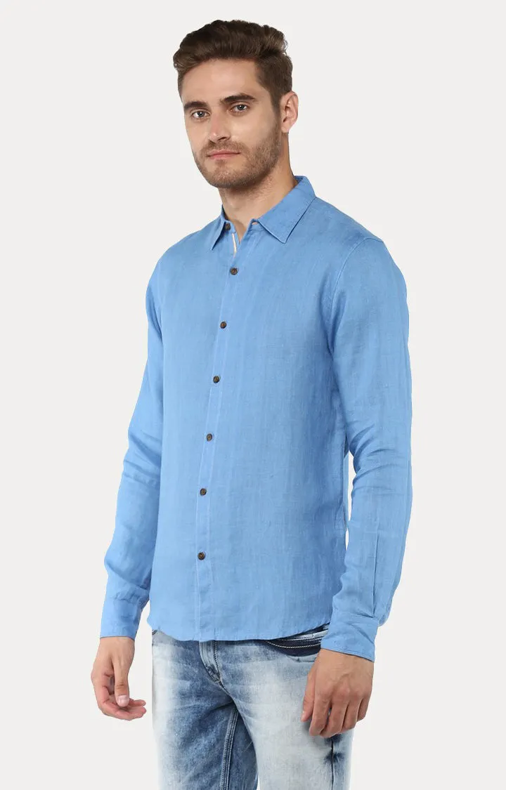 Spykar Men Blue Cotton Linen Slim Fit Plain Shirt