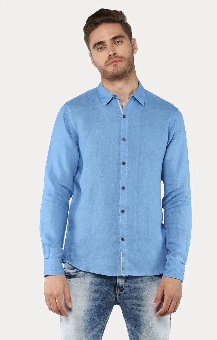 Spykar Men Blue Cotton Linen Slim Fit Plain Shirt