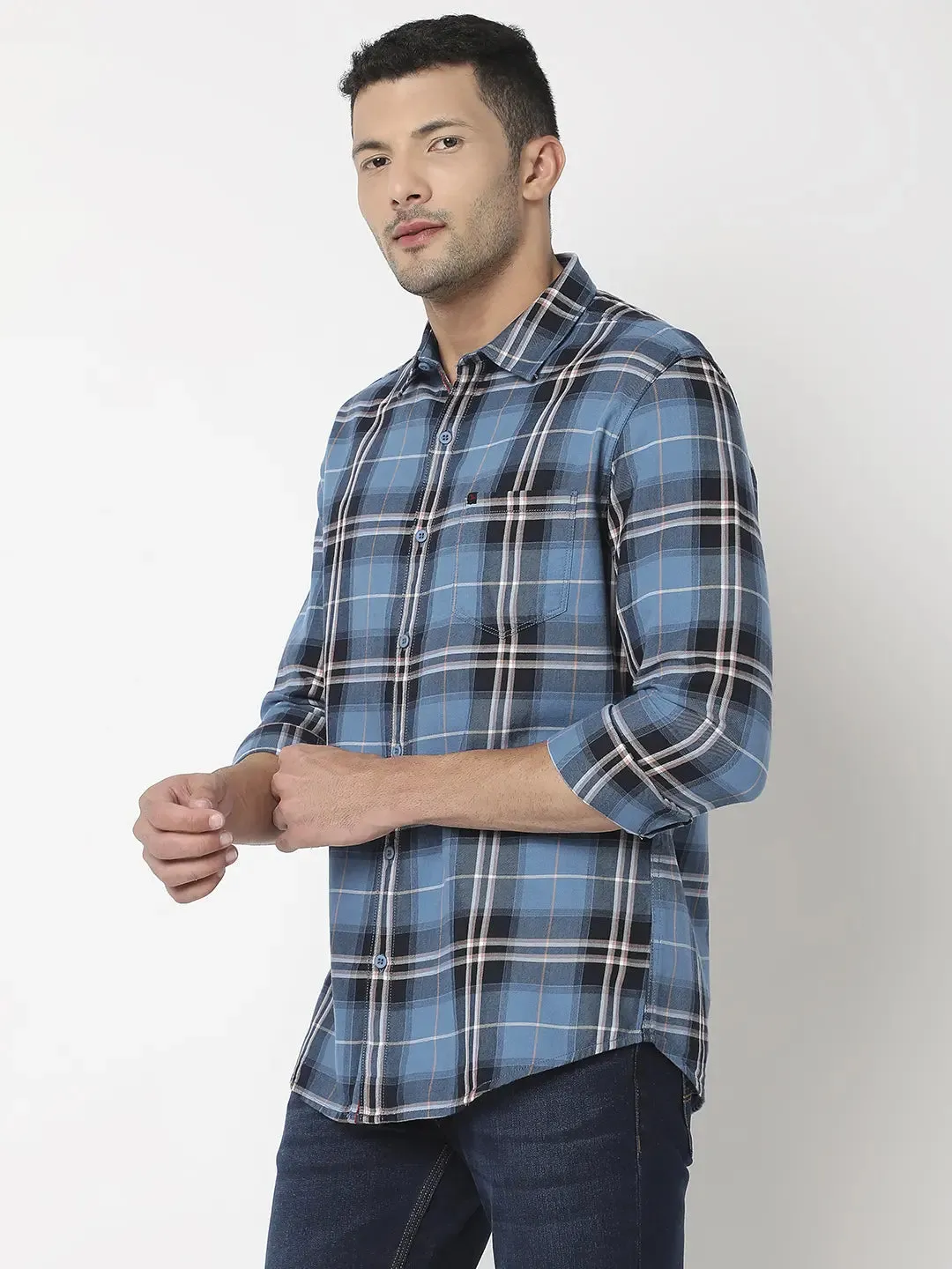 Spykar Men Blue Cotton Slim Fit Checkered Shirt