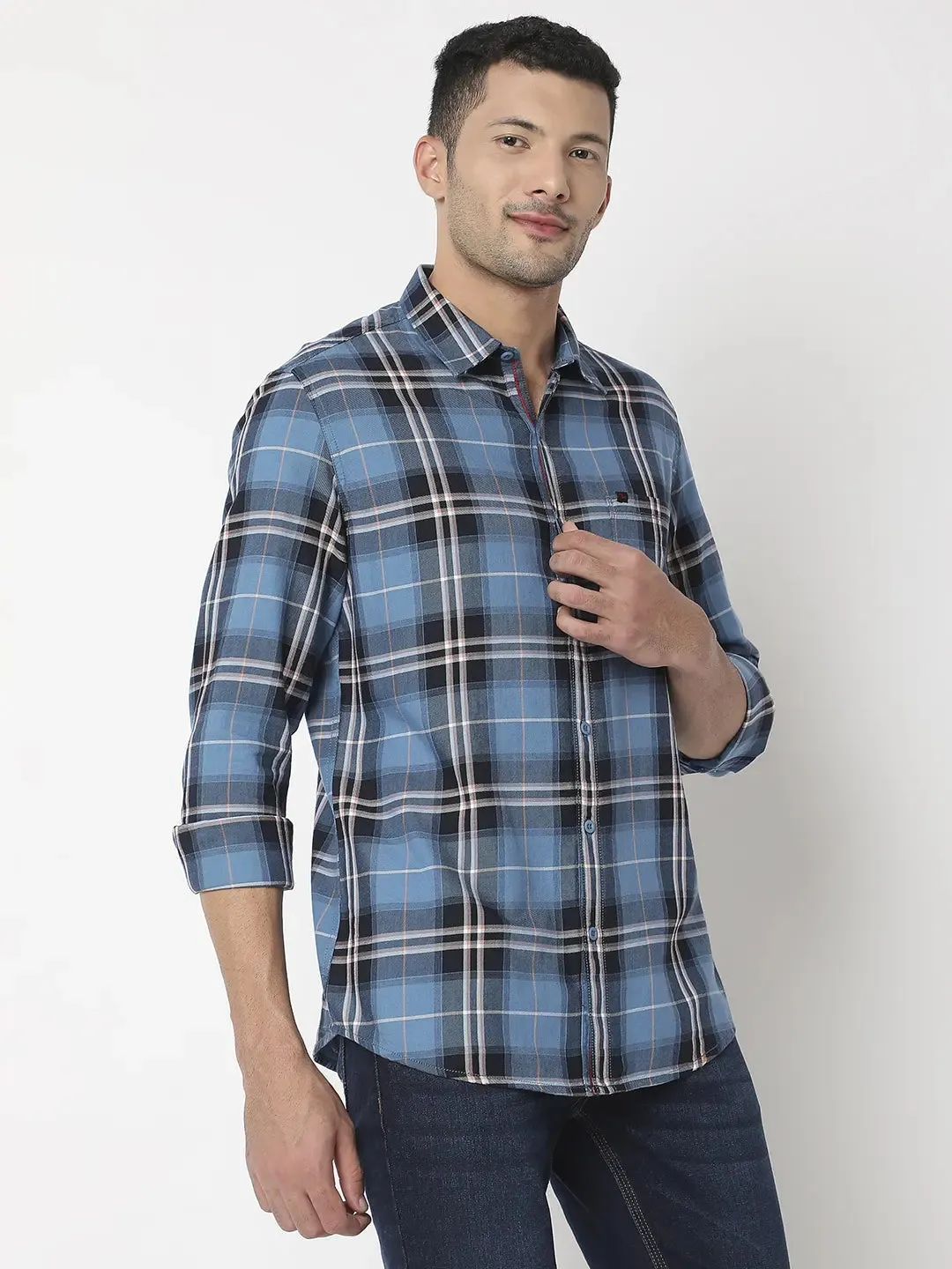 Spykar Men Blue Cotton Slim Fit Checkered Shirt