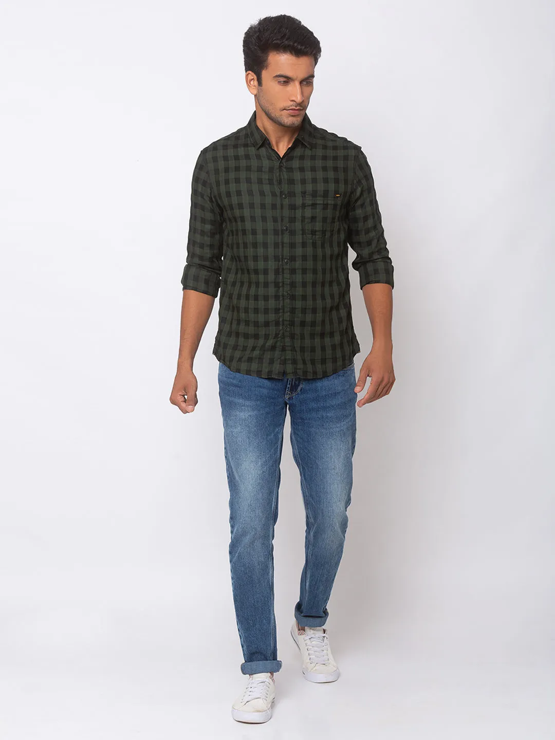 Spykar Men Dark Green Cotton Slim Fit Shirt