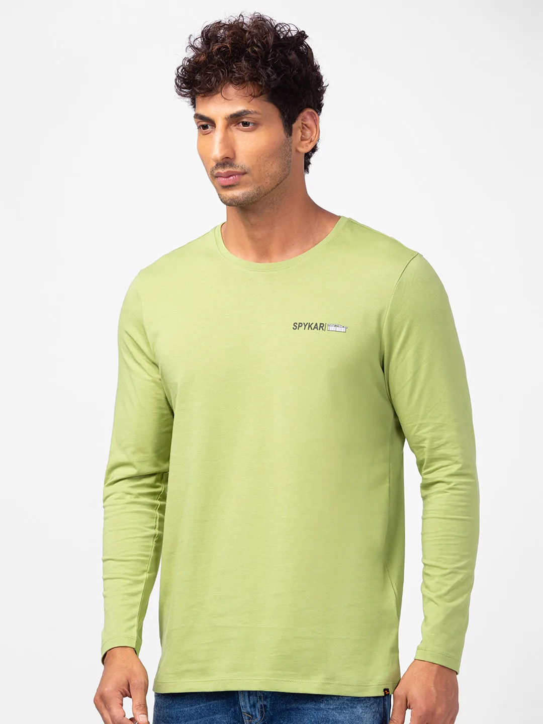 Spykar Men Dusty Green Cotton Slim Fit Round Neck Plain T-Shirt