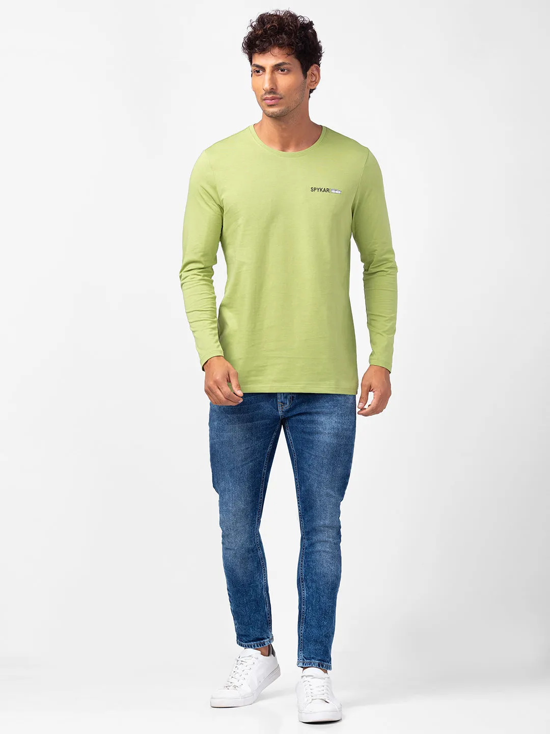 Spykar Men Dusty Green Cotton Slim Fit Round Neck Plain T-Shirt