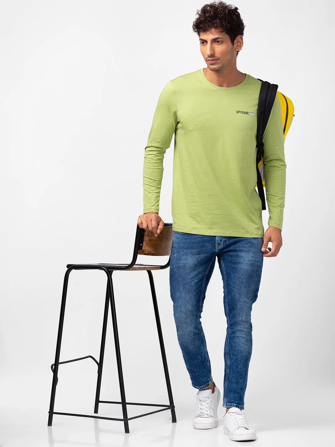 Spykar Men Dusty Green Cotton Slim Fit Round Neck Plain T-Shirt