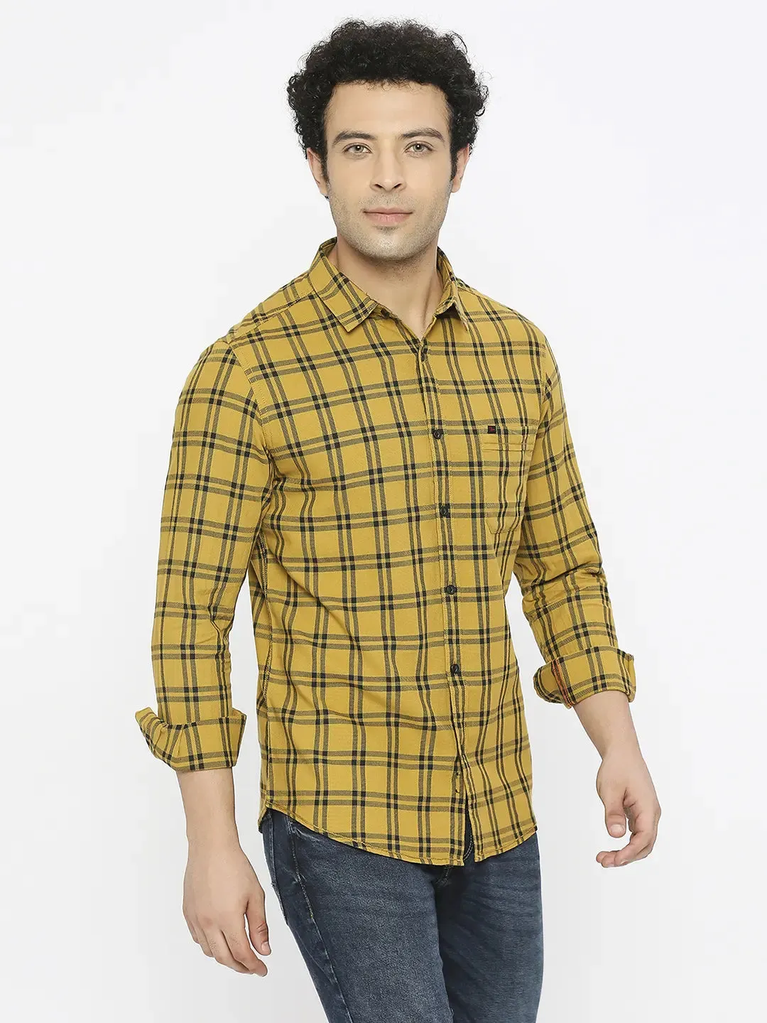 Spykar Men Khaki Cotton Slim Fit Full Sleeve Checkered Shirt