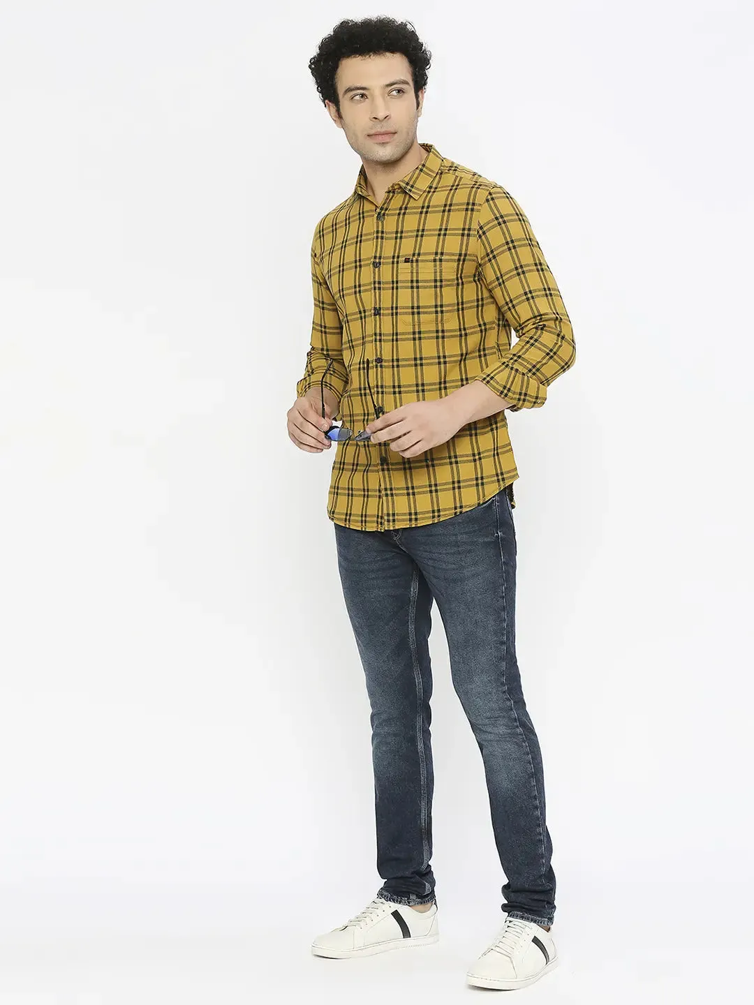 Spykar Men Khaki Cotton Slim Fit Full Sleeve Checkered Shirt