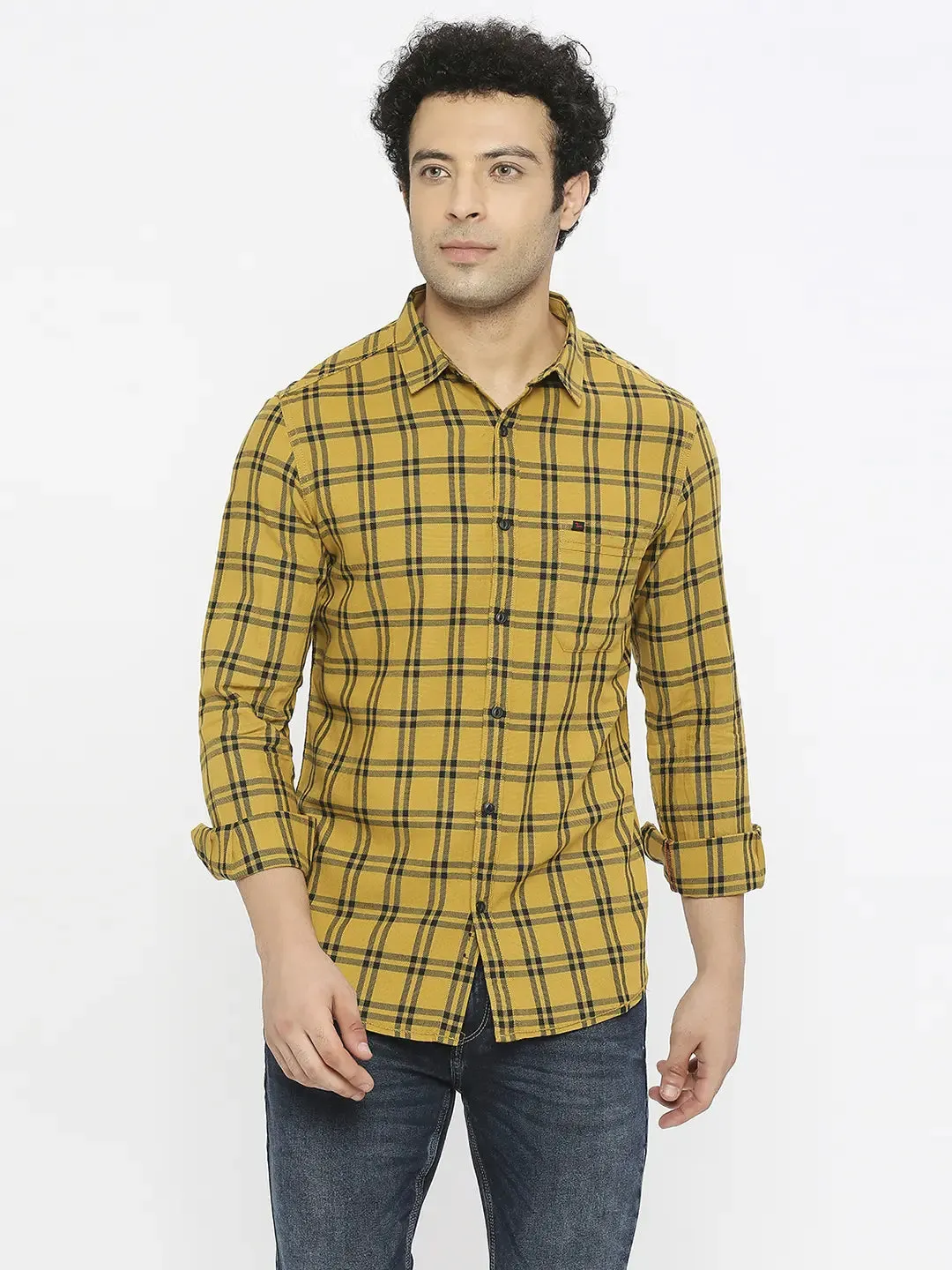 Spykar Men Khaki Cotton Slim Fit Full Sleeve Checkered Shirt