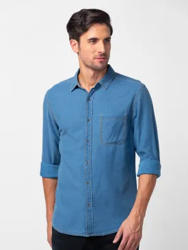 Spykar Men Light Blue Cotton Slim Fit Plain Shirt