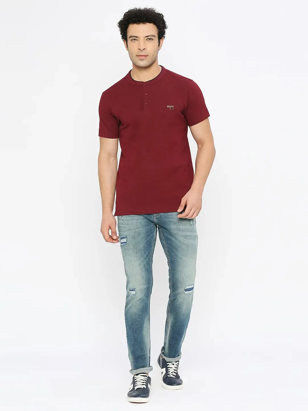 Spykar Men Maroon Blended Regular Fit Half Sleeve Plain M and arin Collar Tshirt