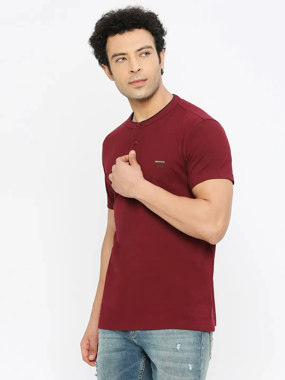 Spykar Men Maroon Blended Regular Fit Half Sleeve Plain M and arin Collar Tshirt