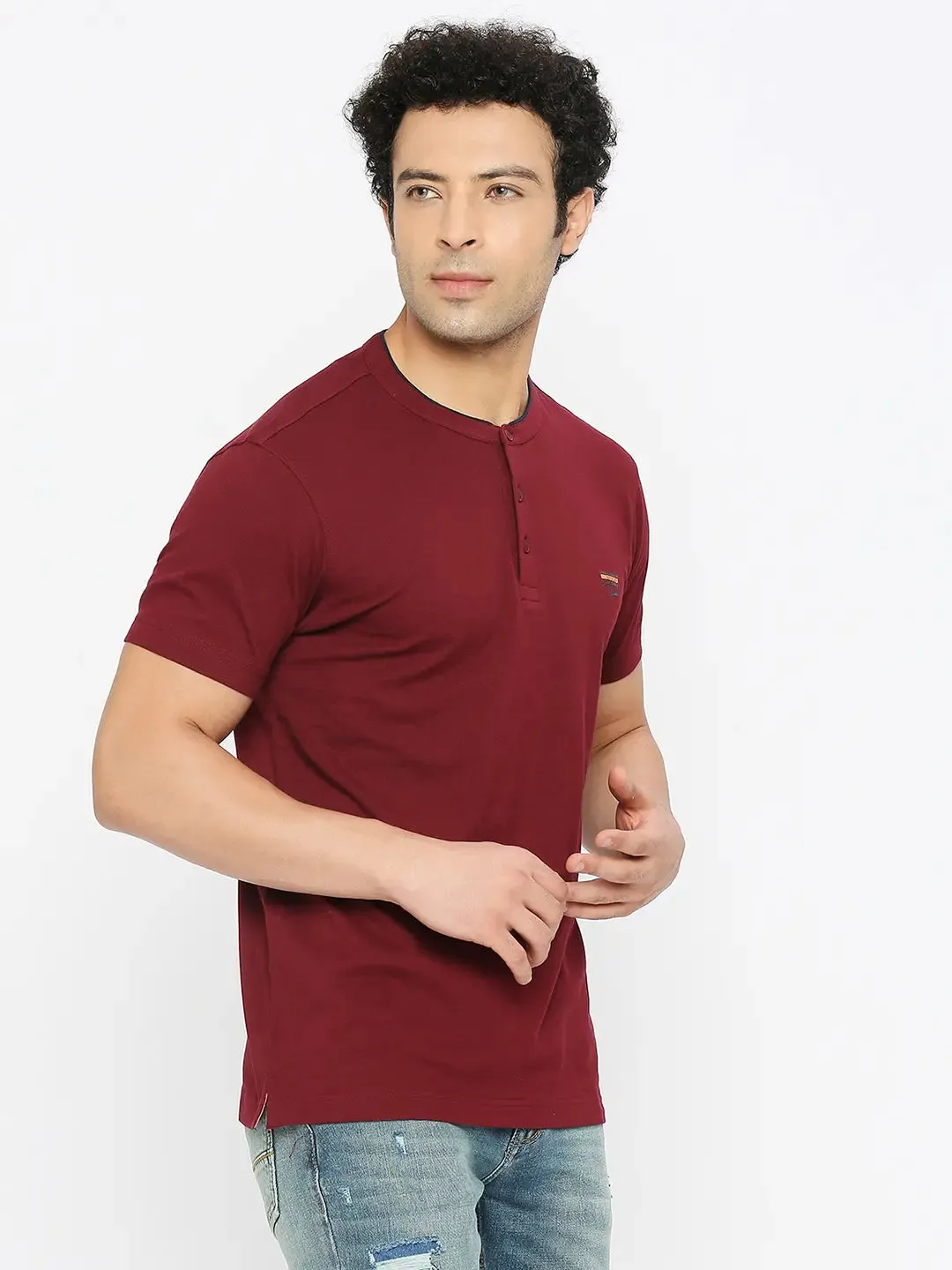 Spykar Men Maroon Blended Regular Fit Half Sleeve Plain M and arin Collar Tshirt