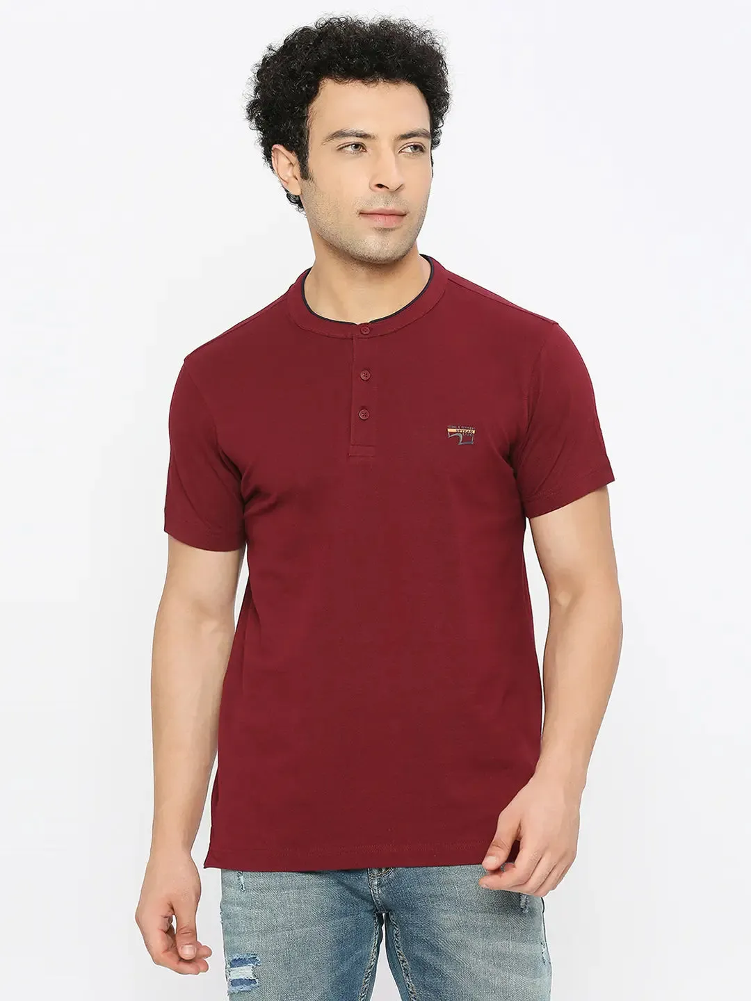 Spykar Men Maroon Blended Regular Fit Half Sleeve Plain M and arin Collar Tshirt