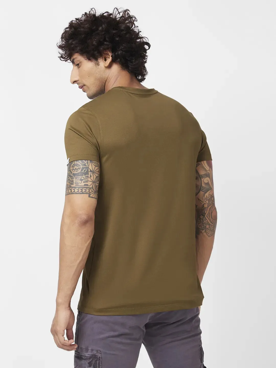 Spykar Men Military Green Blended Slim Fit Half Sleeve Round Neck Printed Tshirt