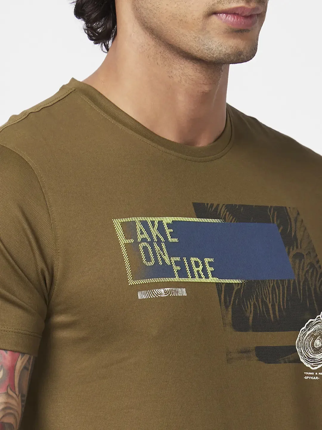 Spykar Men Military Green Blended Slim Fit Half Sleeve Round Neck Printed Tshirt