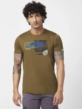 Spykar Men Military Green Blended Slim Fit Half Sleeve Round Neck Printed Tshirt