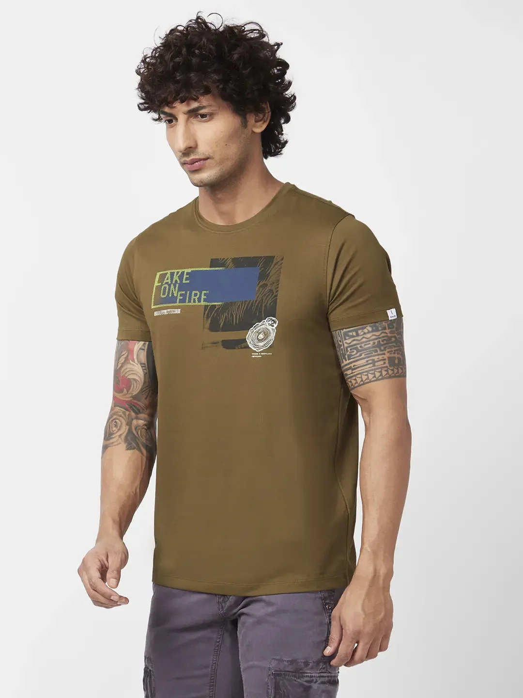 Spykar Men Military Green Blended Slim Fit Half Sleeve Round Neck Printed Tshirt