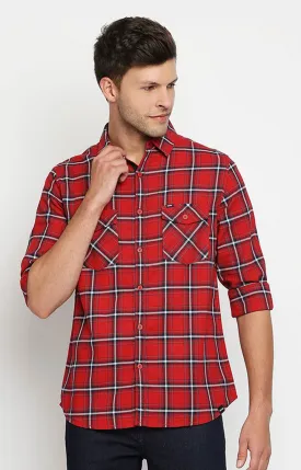 Spykar Men Red Slim Fit Full Sleeve Checkered Shirt