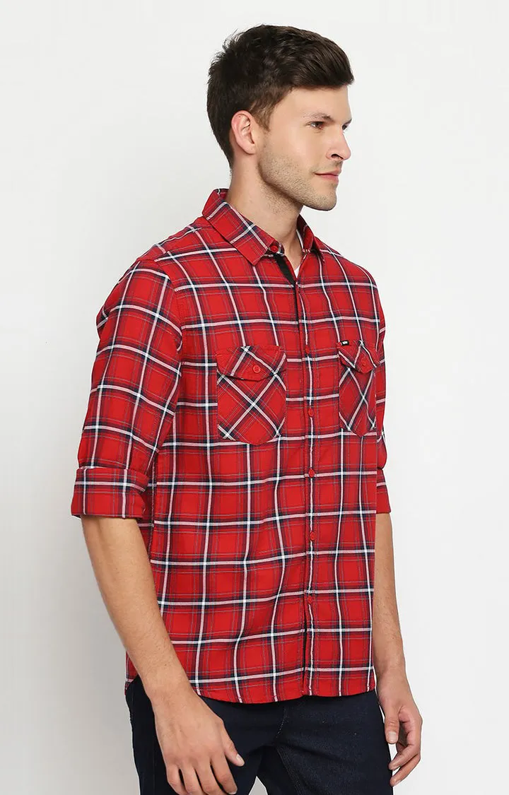 Spykar Men Red Slim Fit Full Sleeve Checkered Shirt