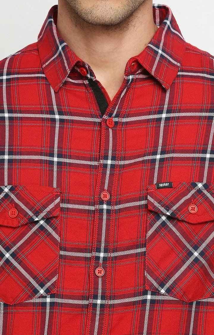 Spykar Men Red Slim Fit Full Sleeve Checkered Shirt